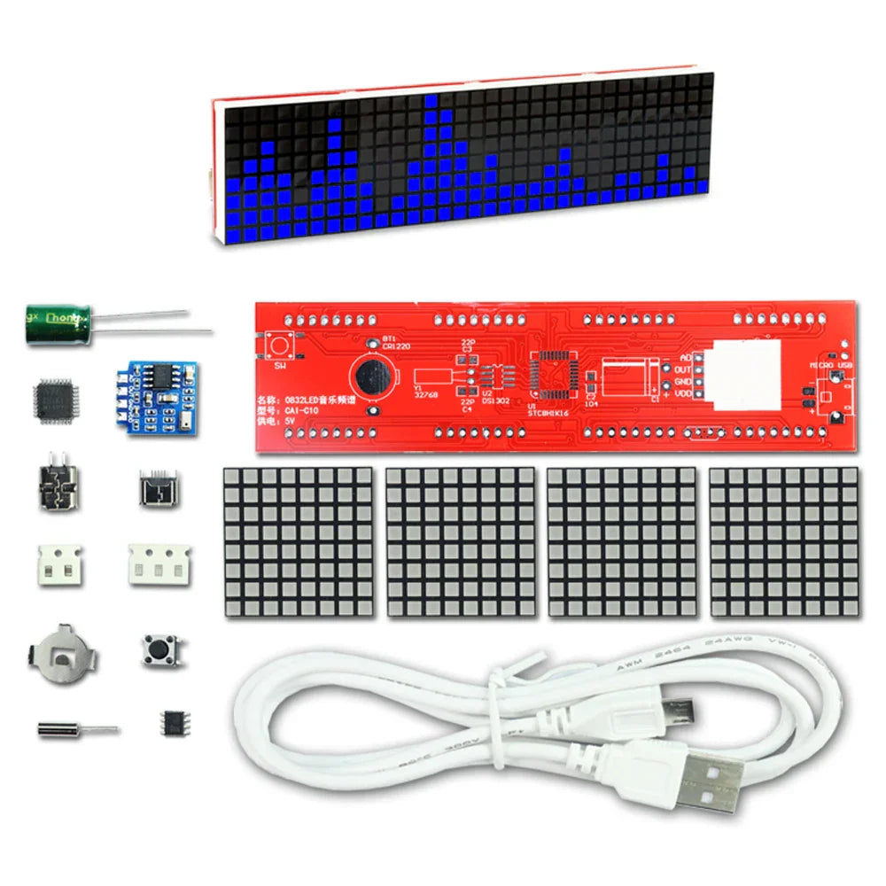 Blue pixelated led music display module with red circuit board and black grid panels for diy led music dot matrix clock electronic rhythm light