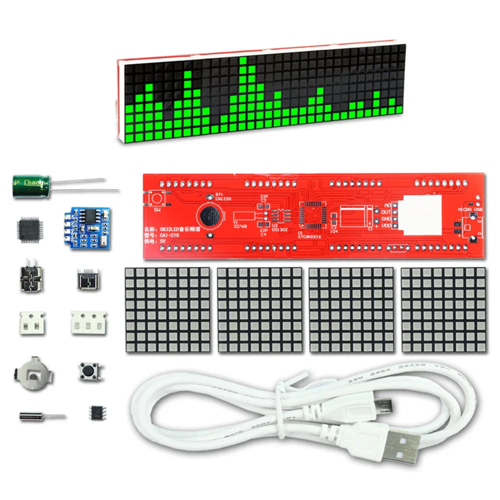 Red circuit board with green led display panel of diy led music dot matrix clock electronic rhythm light kit