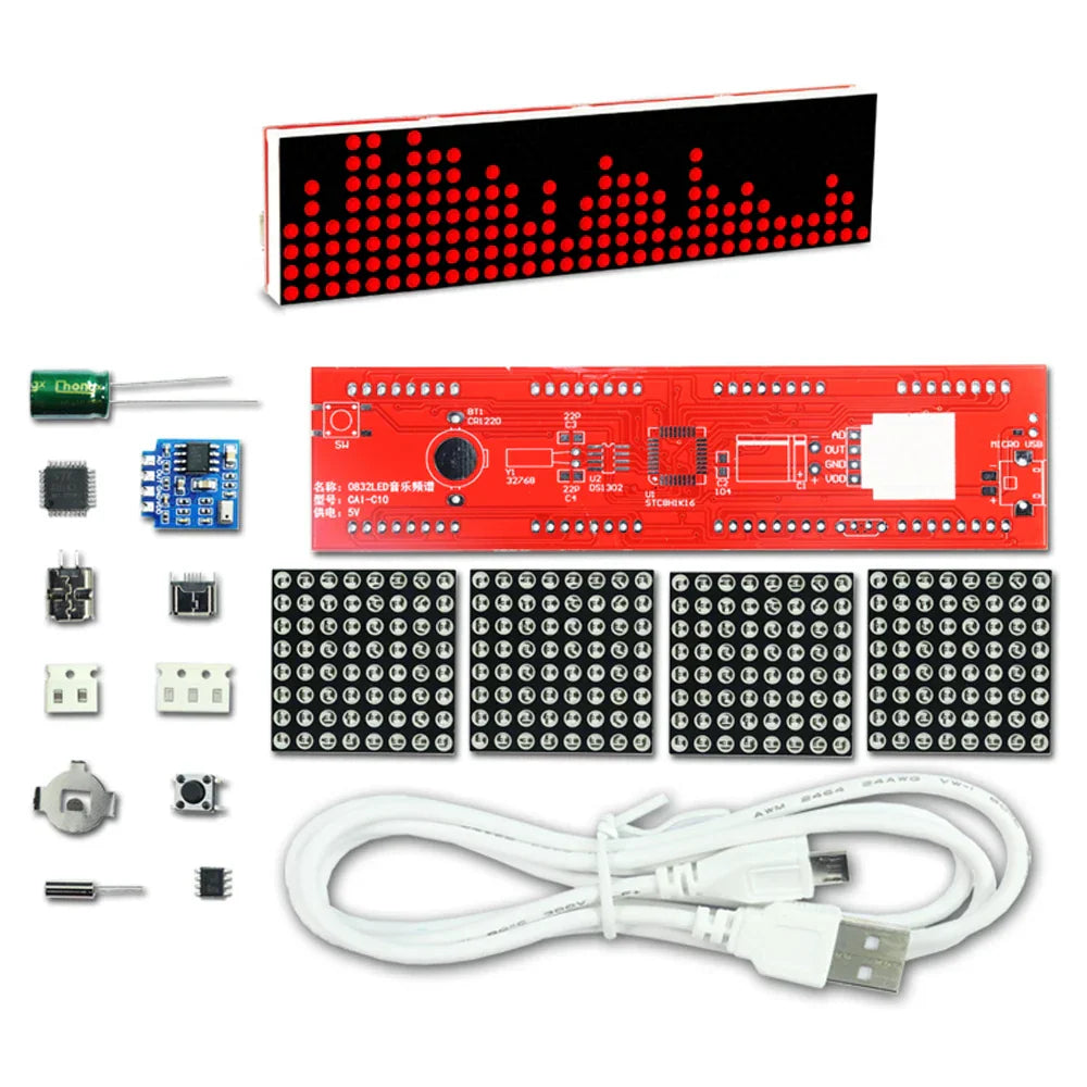 Red led audio visualizer display module showing dot matrix clock with red pixelated waveform for diy led music electronic rhythm light