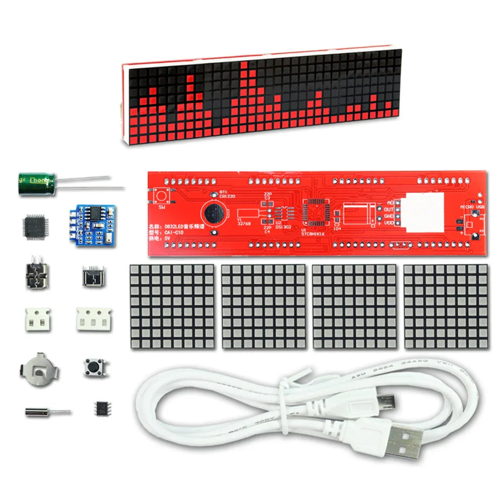 Red led diy music dot matrix clock with electronic rhythm light and pixelated waveform on black background