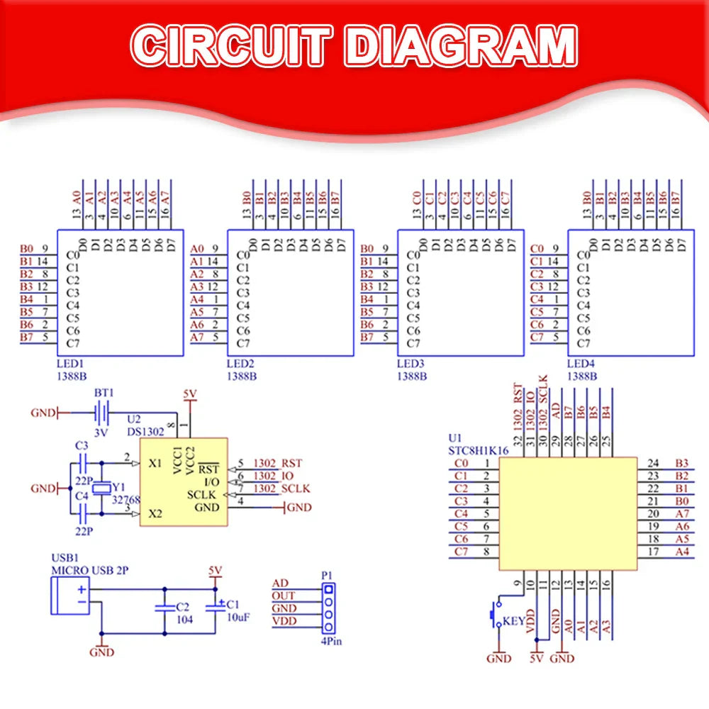Circuit diagram of diy led music dot matrix clock with stc8h1k16 chip usb interface and electronic rhythm light leds