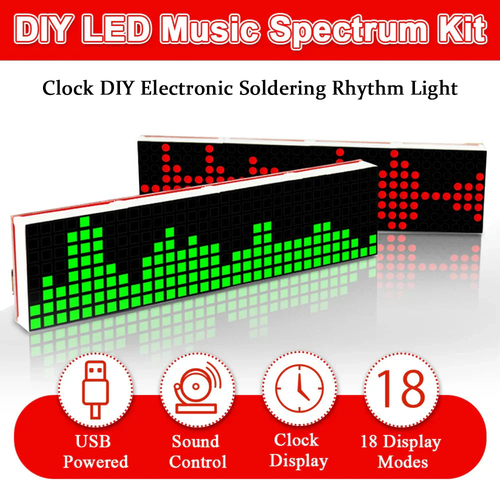 Diy led music spectrum dot matrix clock featuring green and red electronic rhythm light with usb power and micro cable