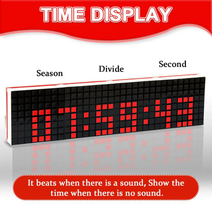 Red led digital time display on black dot matrix clock with white text labels for diy led music electronic rhythm light kit