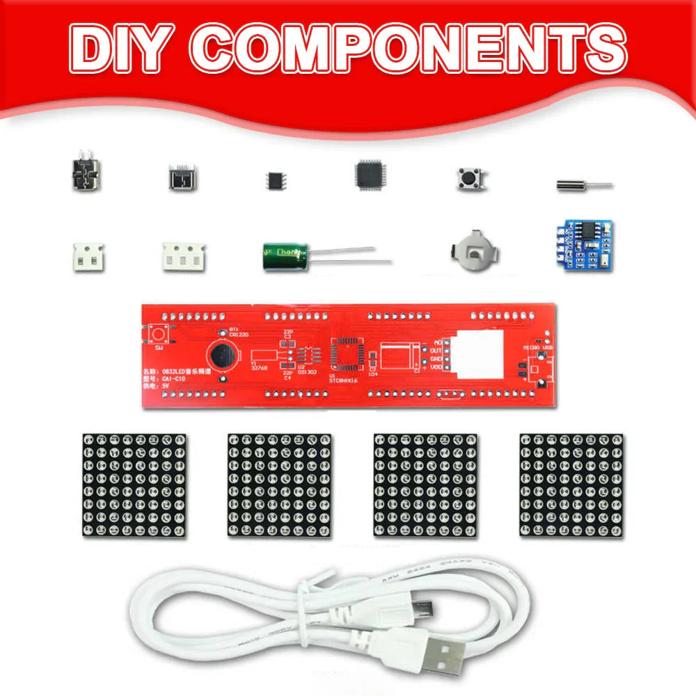 Red diy electronics kit featuring dot matrix clock and electronic rhythm light with usb cable for diy led music projects
