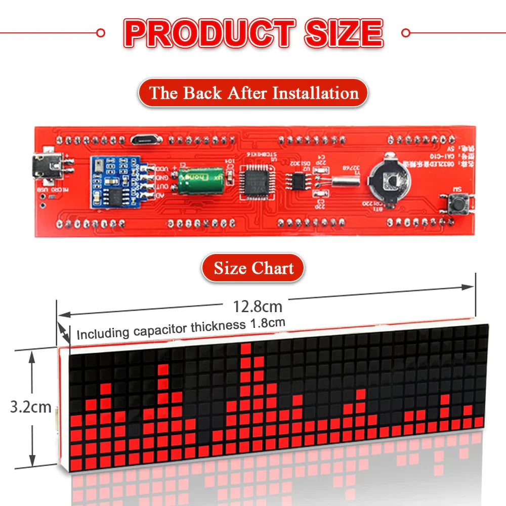 Diy led music spectrum dot matrix clock with red electronic rhythm light and black pixelated display showing audio waveforms