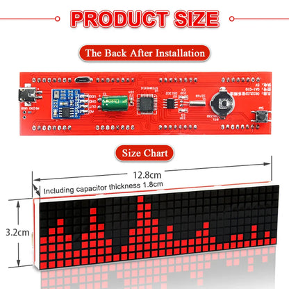 Diy led music spectrum dot matrix clock with red electronic rhythm light and black pixelated display showing audio waveforms