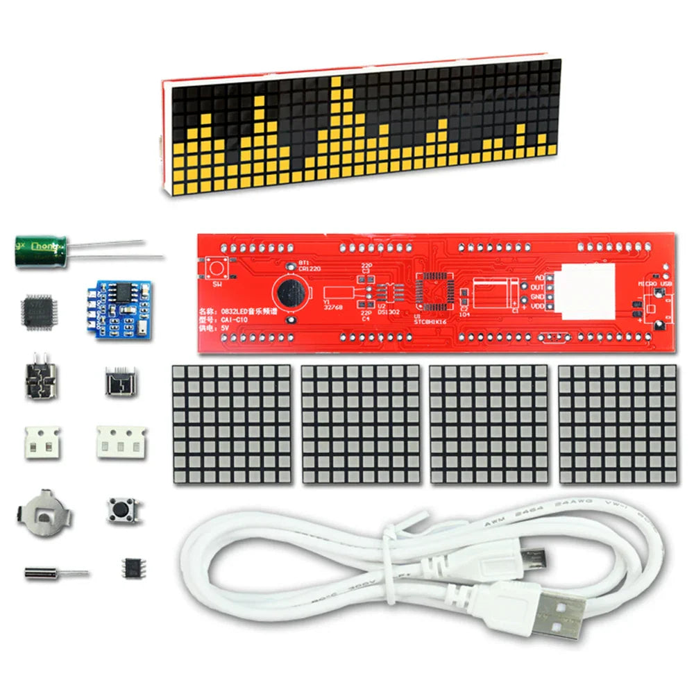 Red circuit board with black and yellow LED display panel of a DIY LED music dot matrix clock electronic rhythm light kit
