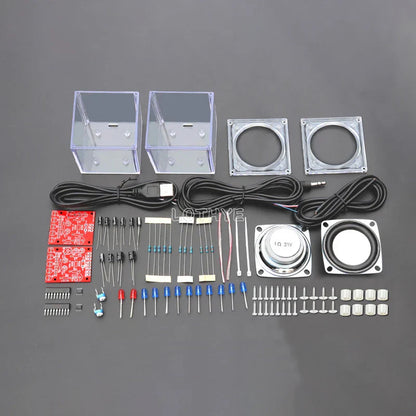 Clear acrylic diy mini speaker enclosures with silver circular drivers and transparent electronic components for audio kits