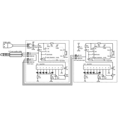 Schematic diagram of a diy mini speaker electronic kit circuit with ka284 ic and 3.5mm audio jacks featuring transparent electronic components