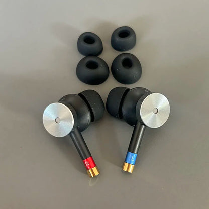 Black and silver diy mmcx hifi metal deep bass in-ear monitors with red and blue accents and detachable cable audiophile