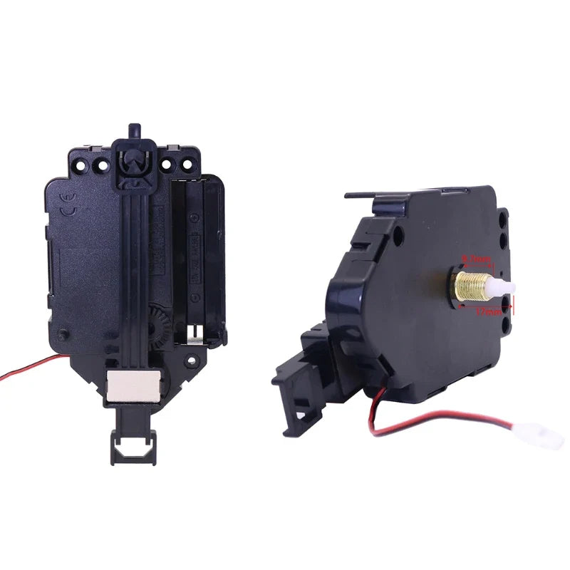 Black plastic clock movement with brass shaft and red wiring for high quality silent wall clocks and DIY pendulum triggers