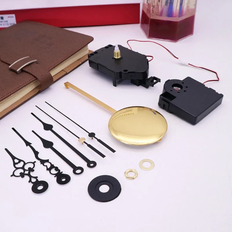 Gold-colored pendulum bob with polished reflective surface and brass rod for high quality silent clock movement