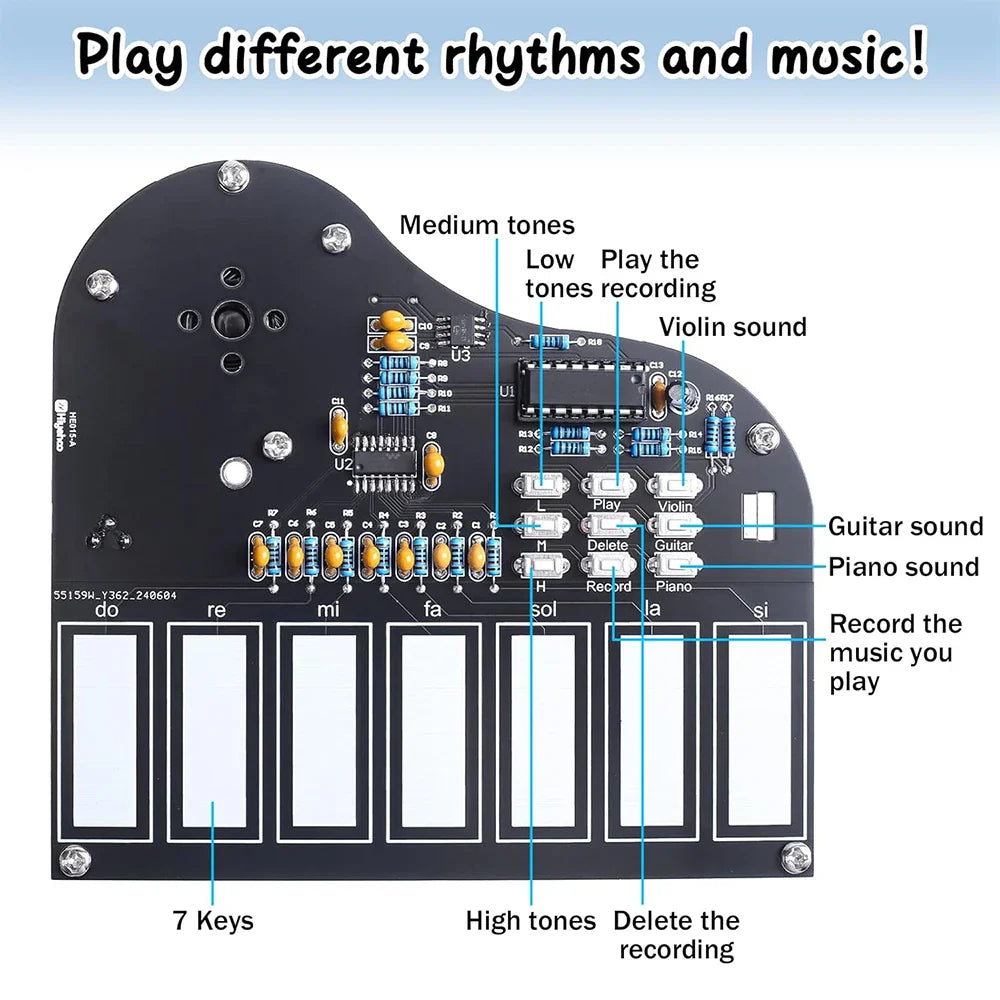 Black electronic piano keyboard with seven white keys and circuit board components in a diy soldering practice kit to press button for recorded music