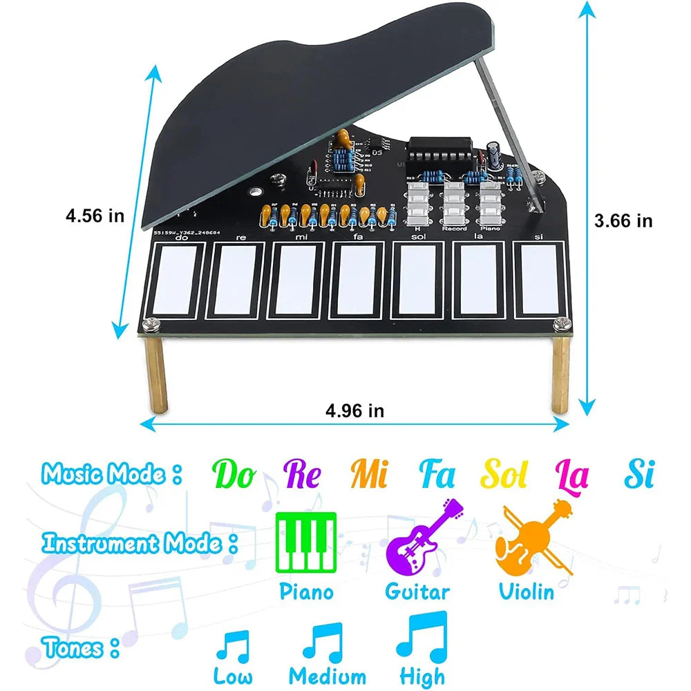 Black electronic piano module with seven labeled keys and circuitry for recorded music practice kit press button use