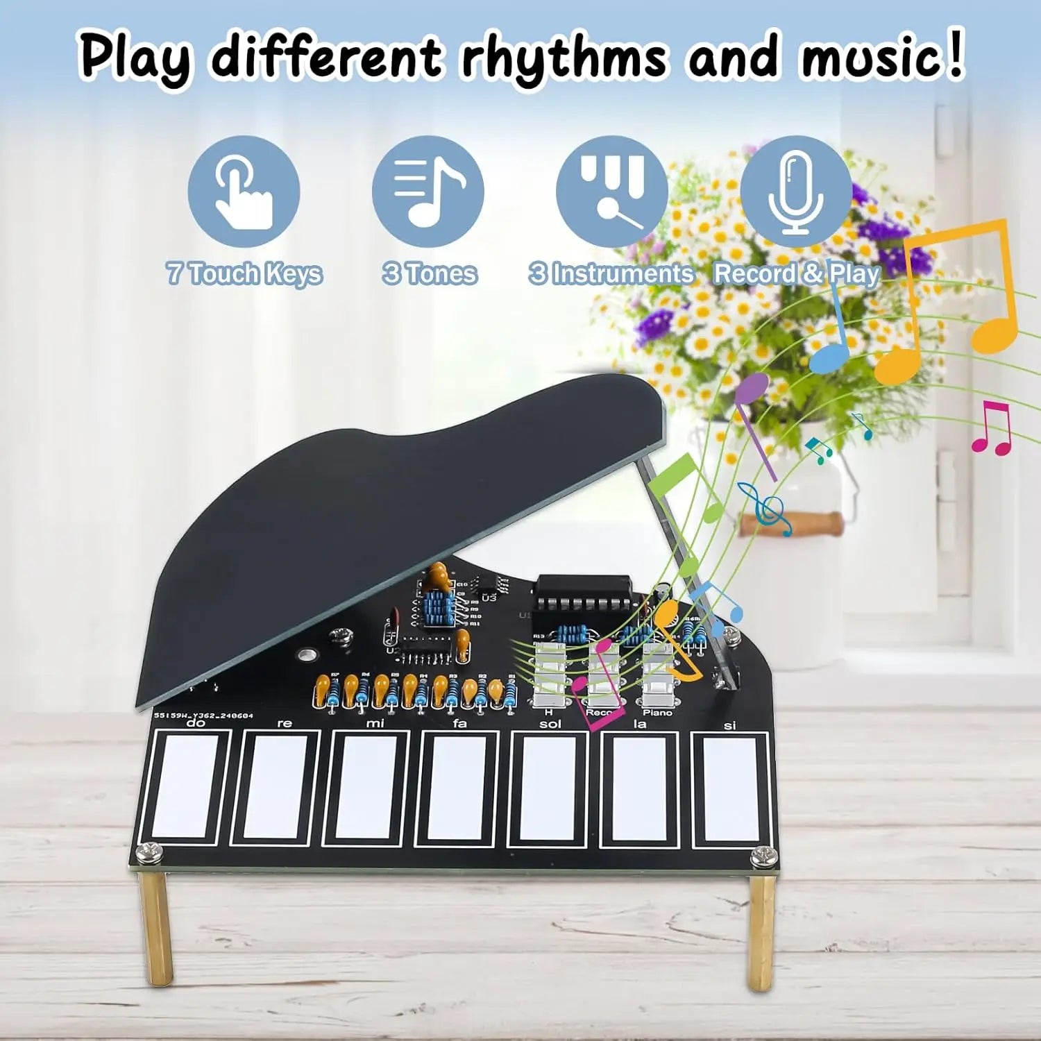 Black electronic piano practice kit with 7 touch keys and visible circuit board for soldering recorded music press button