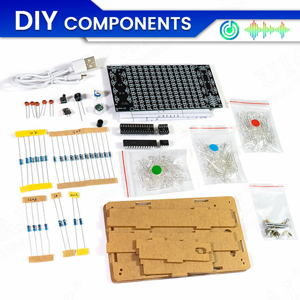 Black circuit board with silver solder points and white labeling for diy sound control music electronic kits pcb soldering project