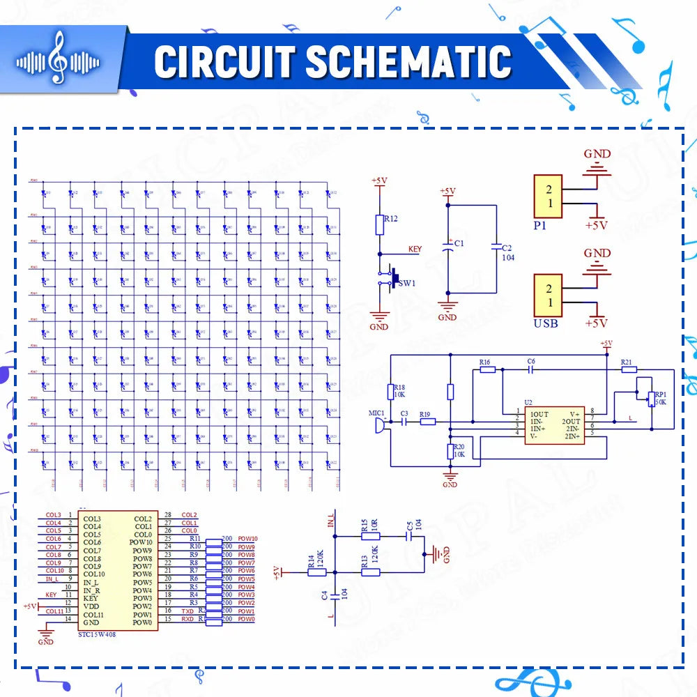 Blue printed circuit schematic diagram with electronic components and labeled connections for diy sound control audio frequency display pcb soldering project