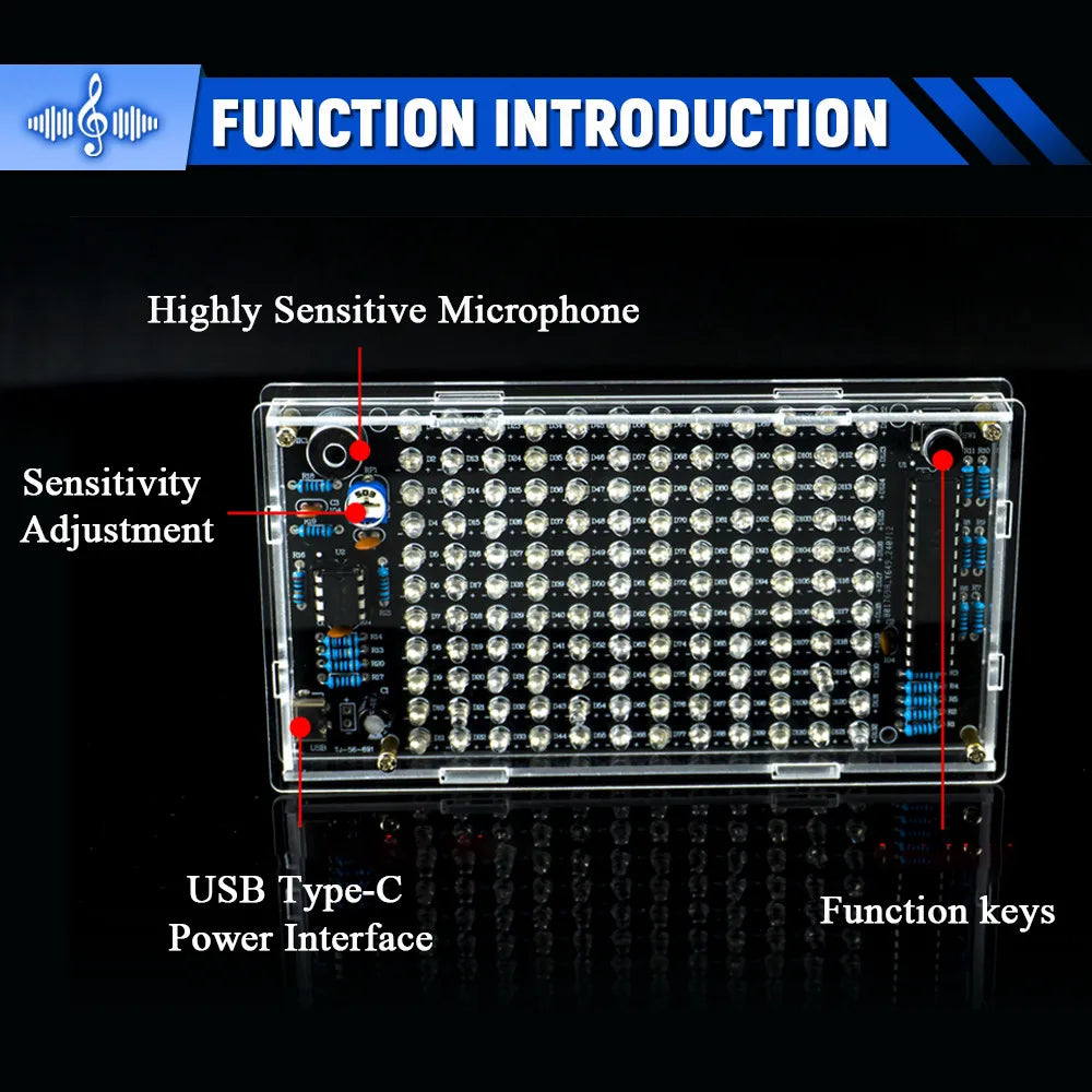 Clear acrylic housing with black circuit board and 100 white leds for diy sound control pcb soldering project kit