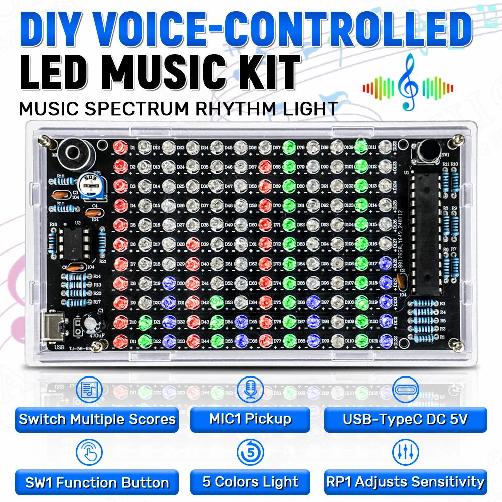 Clear plastic-cased diy sound control led music kit with colorful rgb leds and audio frequency display pcb soldering components