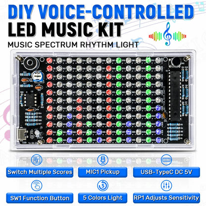 Clear plastic-cased diy sound control led music kit with colorful rgb leds and audio frequency display pcb soldering components