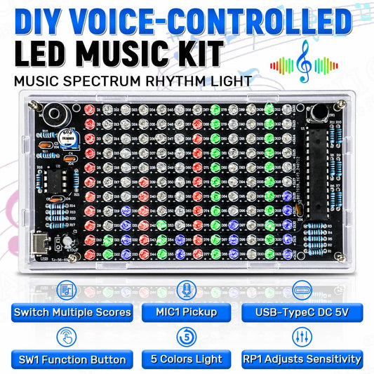 Clear plastic-cased diy sound control led music kit with colorful rgb leds and audio frequency display pcb soldering components