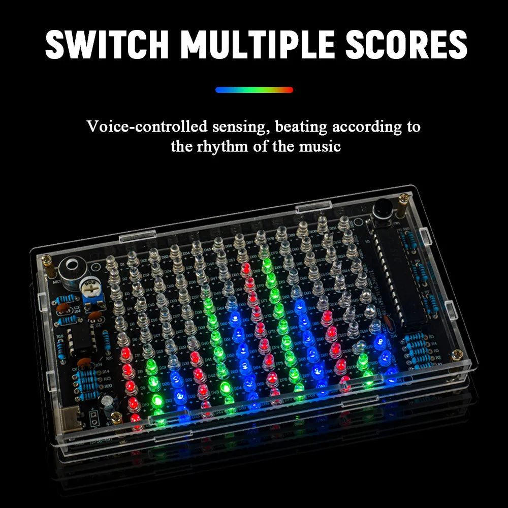 A transparent acrylic case with a pcb housing red green and blue leds for a diy sound control music electronic kit