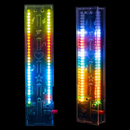 Two transparent led light panels with colorful vertical rows and musical symbols for diy sound control spectrum electronic kit effects diy soldering