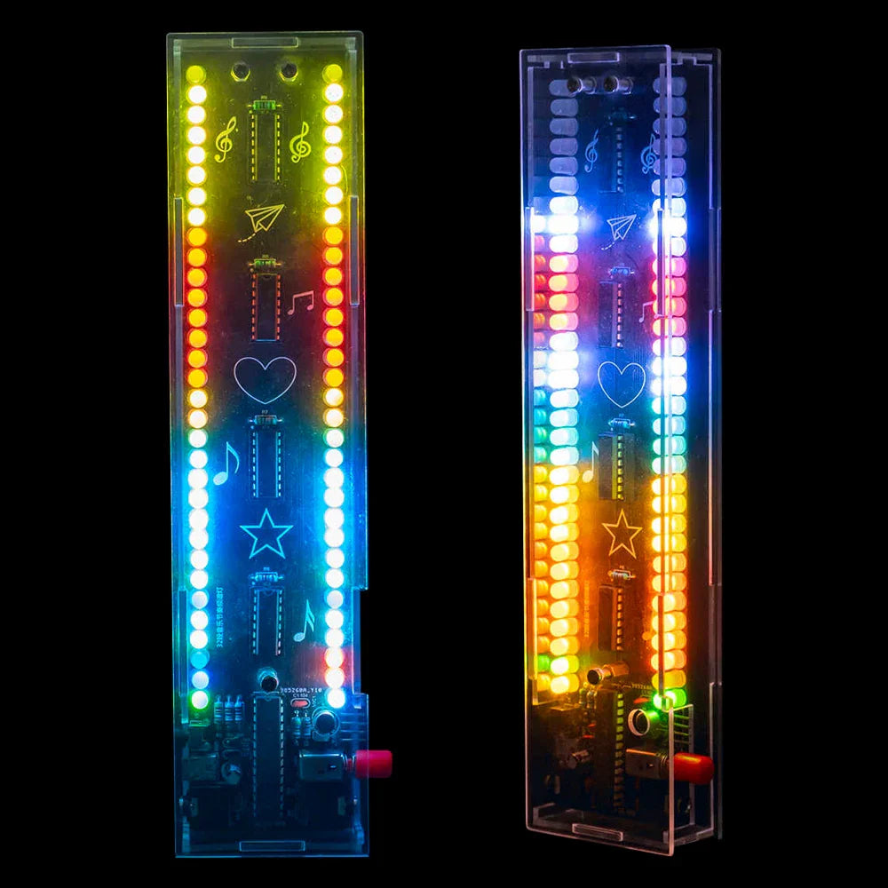 Two transparent led music spectrum panels with colorful lights and musical symbols for spectrum electronic kit effects diy soldering