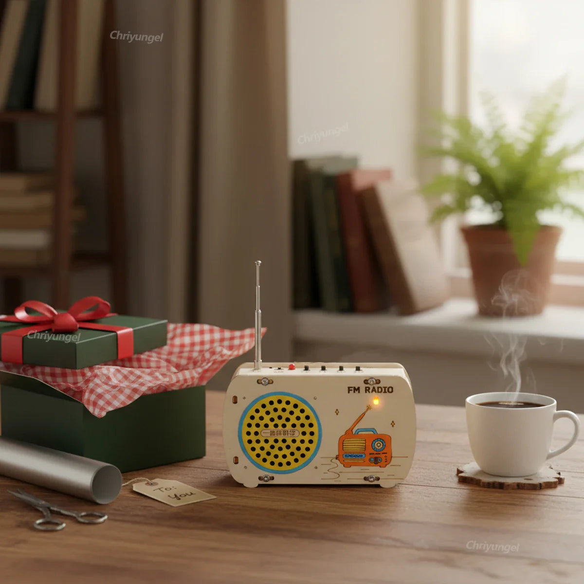 Cream-colored diy wooden radio with yellow speaker grille and orange vintage illustration stem building toy kit