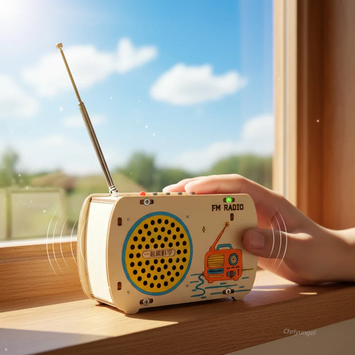 Cream-colored diy wooden radio kit retro with yellow speaker grille and blue accent for stem building toy gift