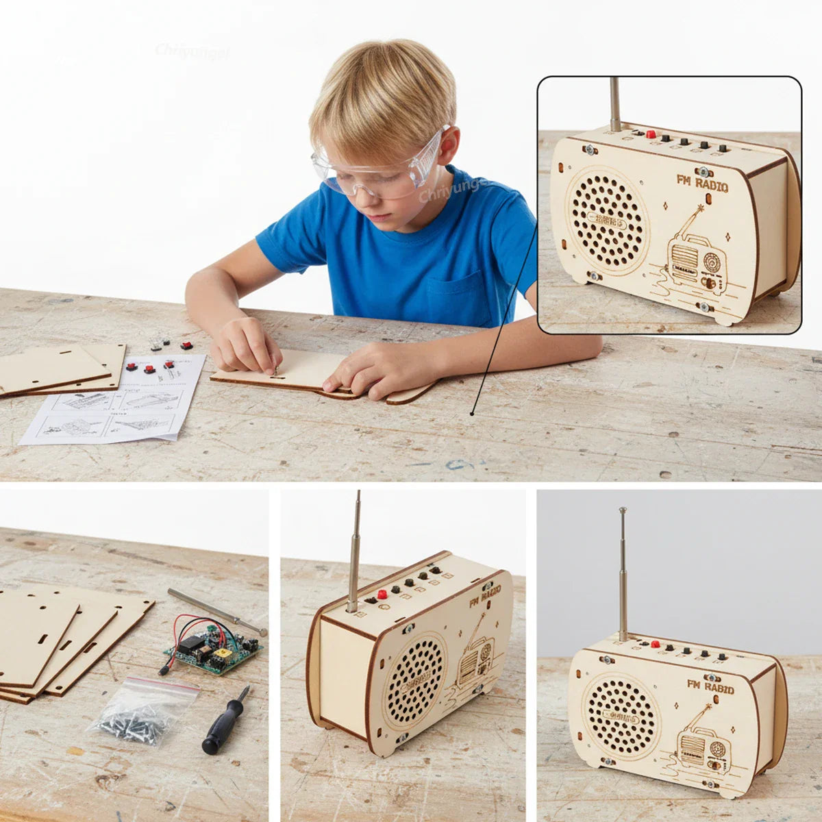 A light-colored wooden diy wooden radio with vintage design and laser-cut details stem building toy radio kit retro