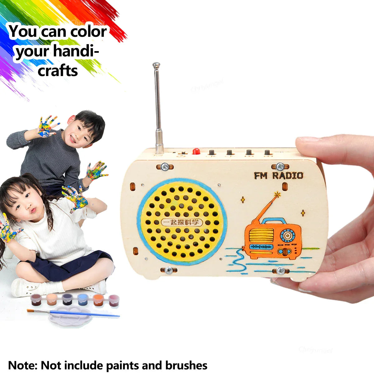 A diy wooden radio kit featuring a yellow circular speaker grille and orange vintage illustration on beige wood panel