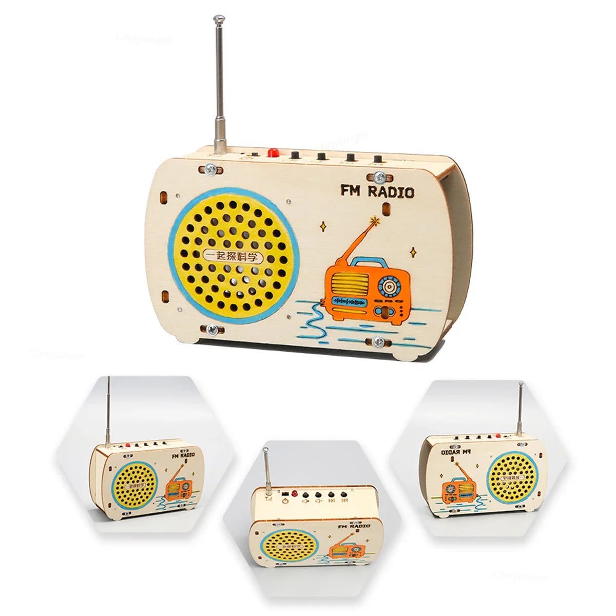 Cream-colored diy wooden radio with yellow perforated speaker grille and orange vintage illustration stem building toy