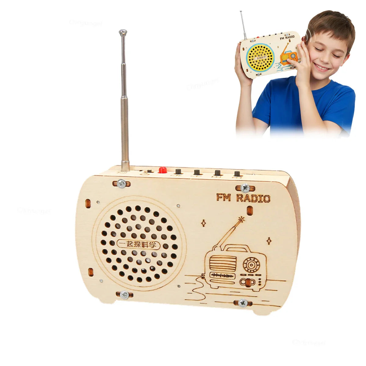 A light-colored wooden diy wooden radio with laser-engraved vintage design and metal antenna stem building toy