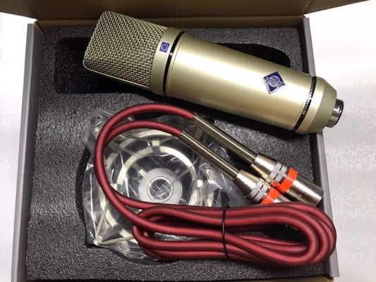 Gold-colored diyu87 large-diaphragm condenser microphone with metallic mesh grille and red cables for live recording studio use