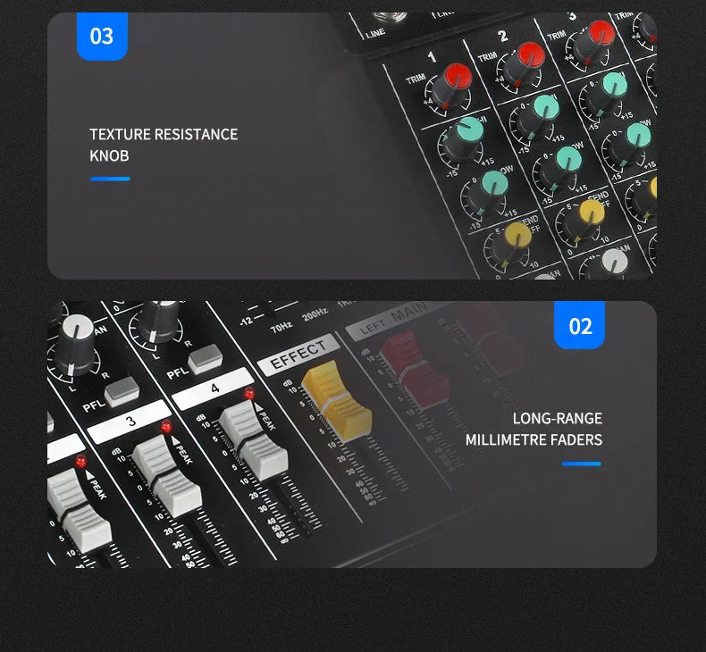 Black dj audio mixer amplifier with colorful textured knobs and long-range millimetre faders for channel 500w stage use