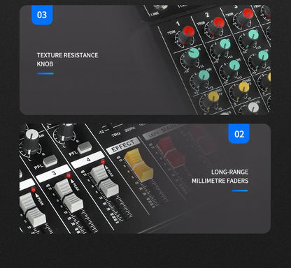 Black dj audio mixer amplifier with colorful textured knobs and long-range millimetre faders for channel 500w stage use