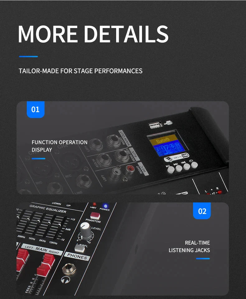 Black dj audio mixer amplifier with red knobs digital display and bluetooth dj mixer for computer digital stage use