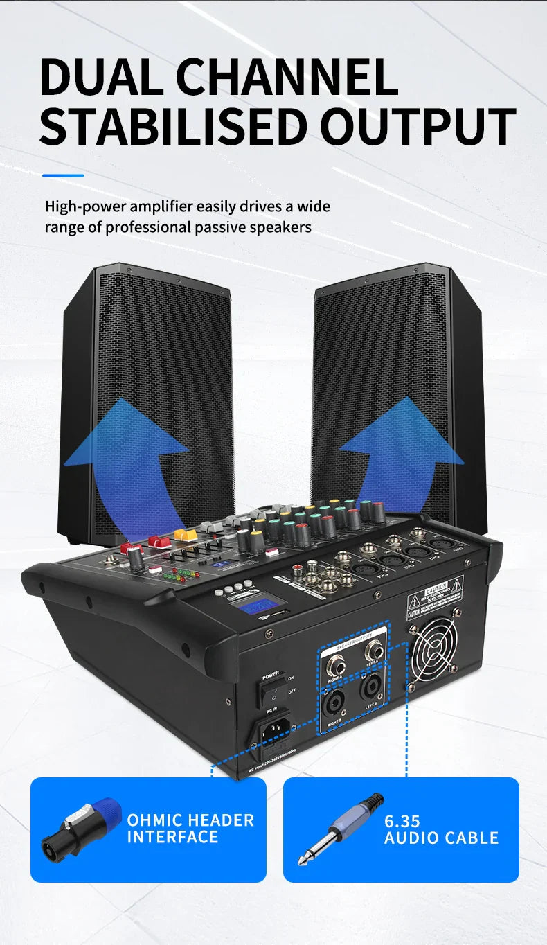 Black dual channel 500w stage audio mixer with multiple knobs and bluetooth dj mixer for computer digital use
