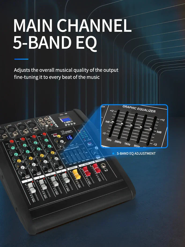 Black 5-band eq computer digital mixer with colorful knobs and digital display for channel 500w stage use bluetooth dj mixer