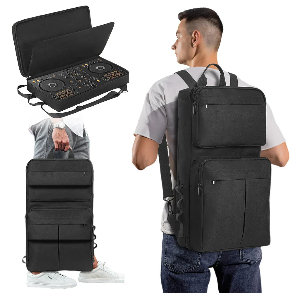 Black padded dj backpack with multiple exterior pockets and adjustable shoulder strap for pioneer ddj-400 and roland dj-202