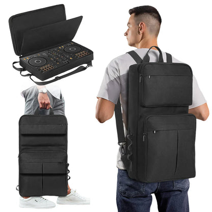 Black padded dj backpack with multiple exterior pockets and adjustable shoulder strap for pioneer ddj-400 and roland dj-202