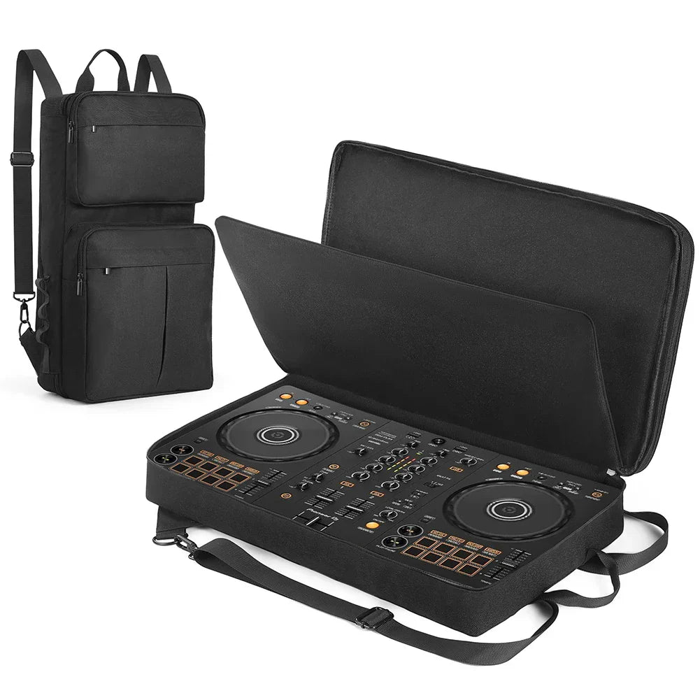 Black protective carrying case with padded interior and adjustable shoulder strap for pioneer ddj-400 and roland dj-202
