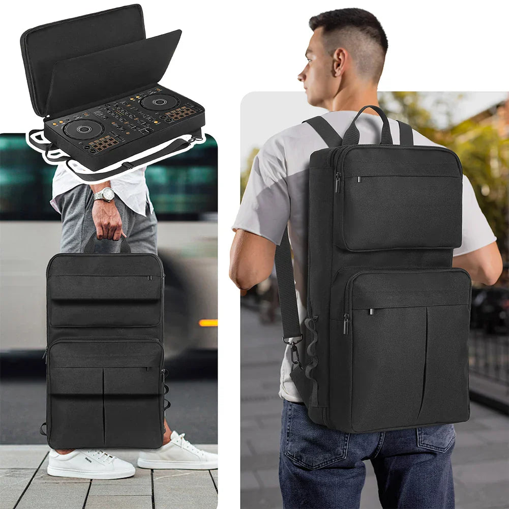 Black durable fabric dj backpack with multiple compartments and adjustable straps for pioneer ddj-400 roland dj-202 controller case shockproof