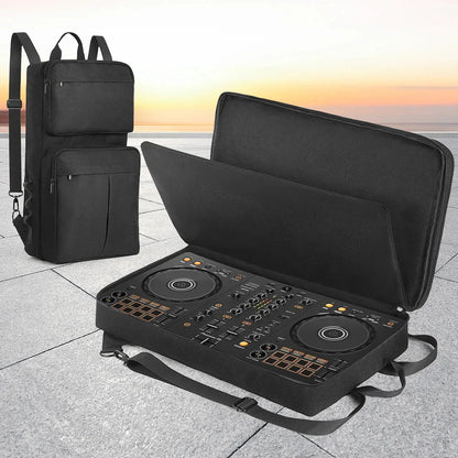 Black dj controller with gold accents inside a shockproof controller case for pioneer ddj-400 and roland dj-202