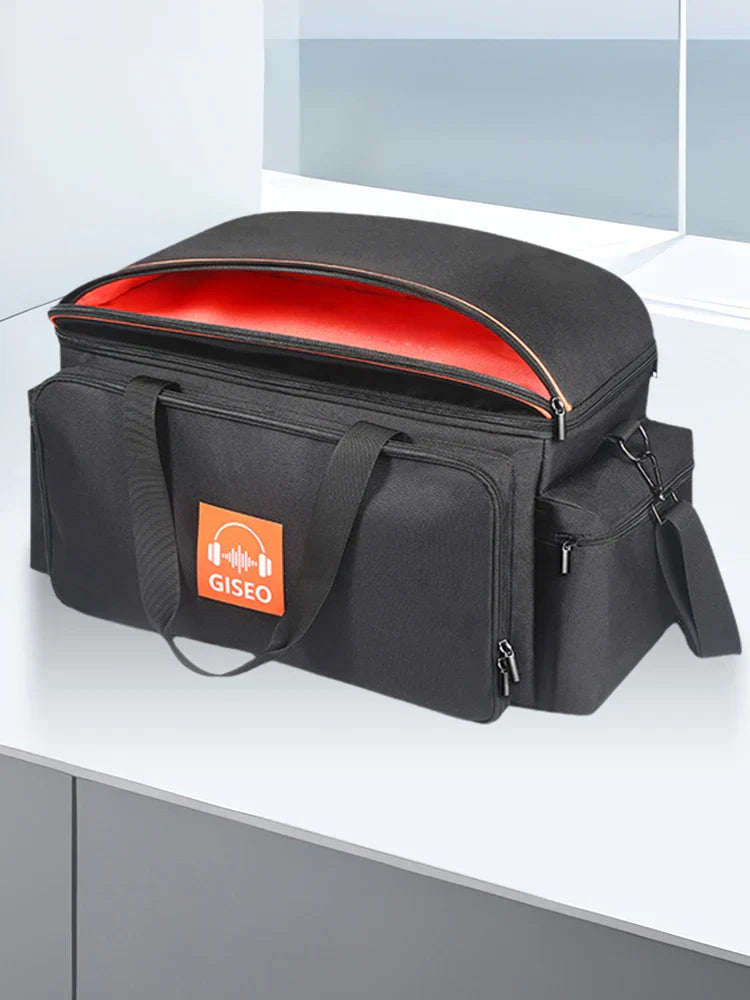 Black giseo duffel style cable file bag with red interior lining and multiple zipped compartments for musicians gig bag with detachable dividers travel