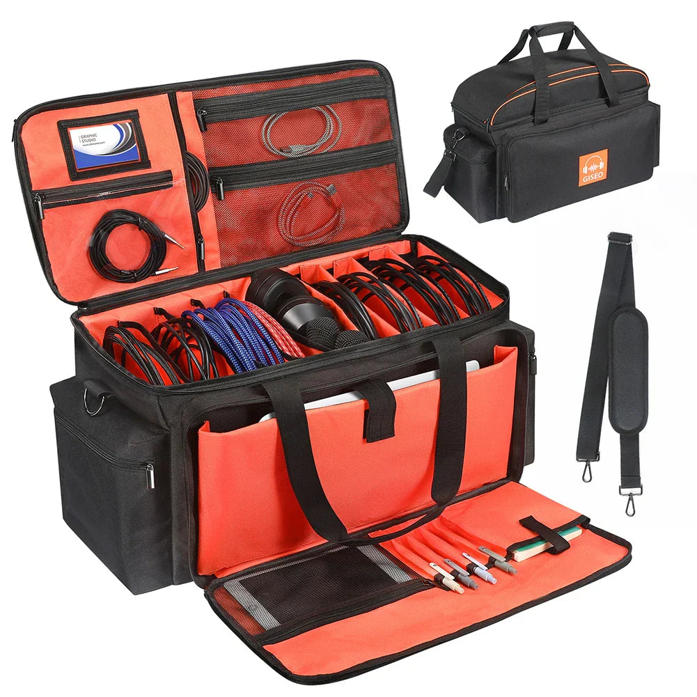 Black and orange cable file bag with detachable dividers for travel musicians gig bag organizing dj gear and audio cables