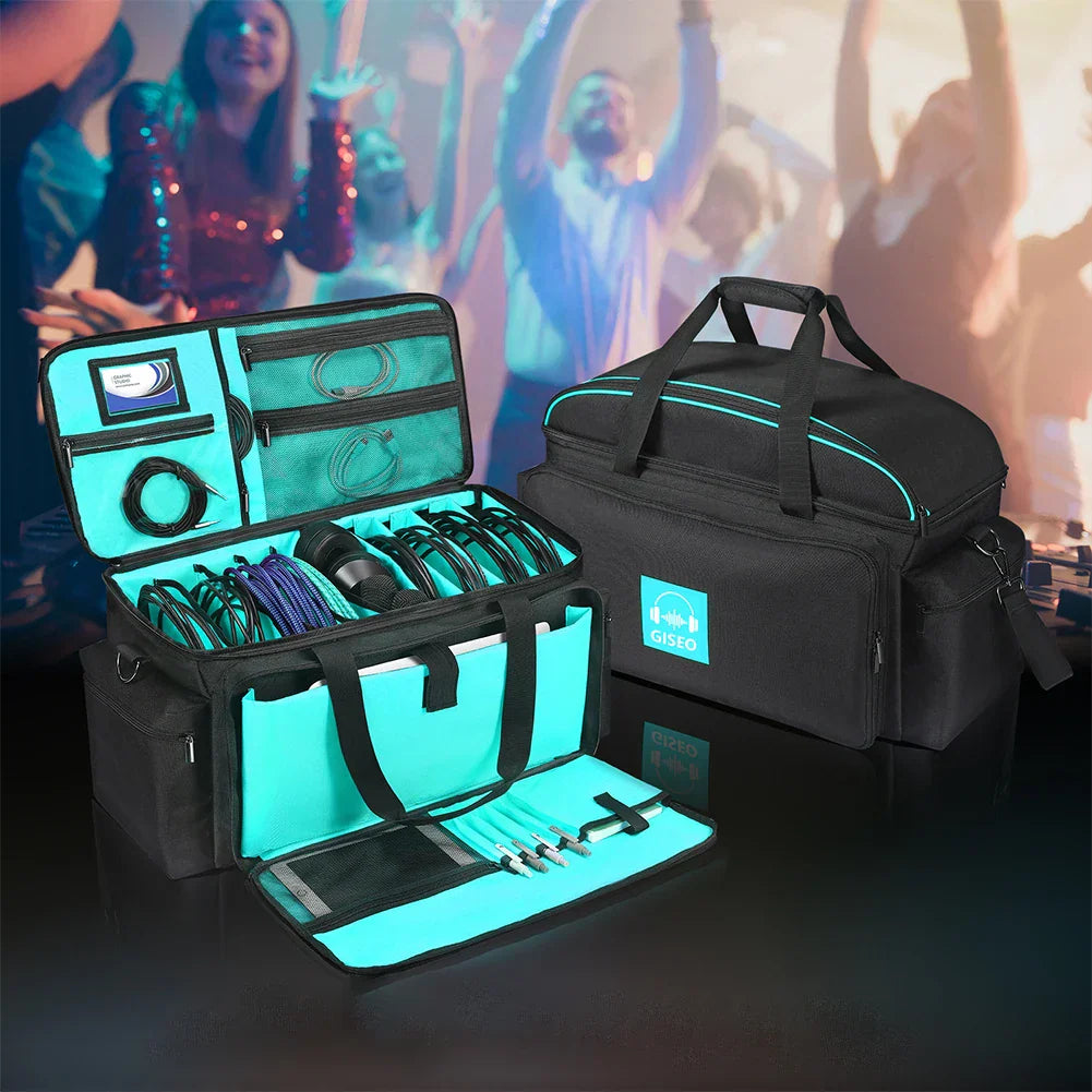 Black and teal cable file bag with detachable dividers travel compartments for musicians gig bag and audio equipment organization