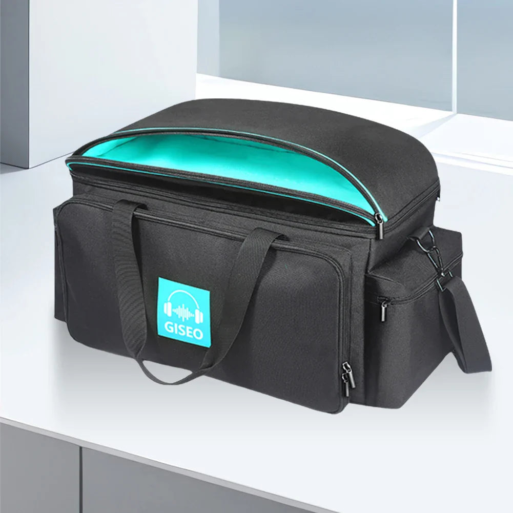 Black giseo cable file bag with teal interior and multiple zippered compartments designed for musicians gig bag use with detachable dividers travel