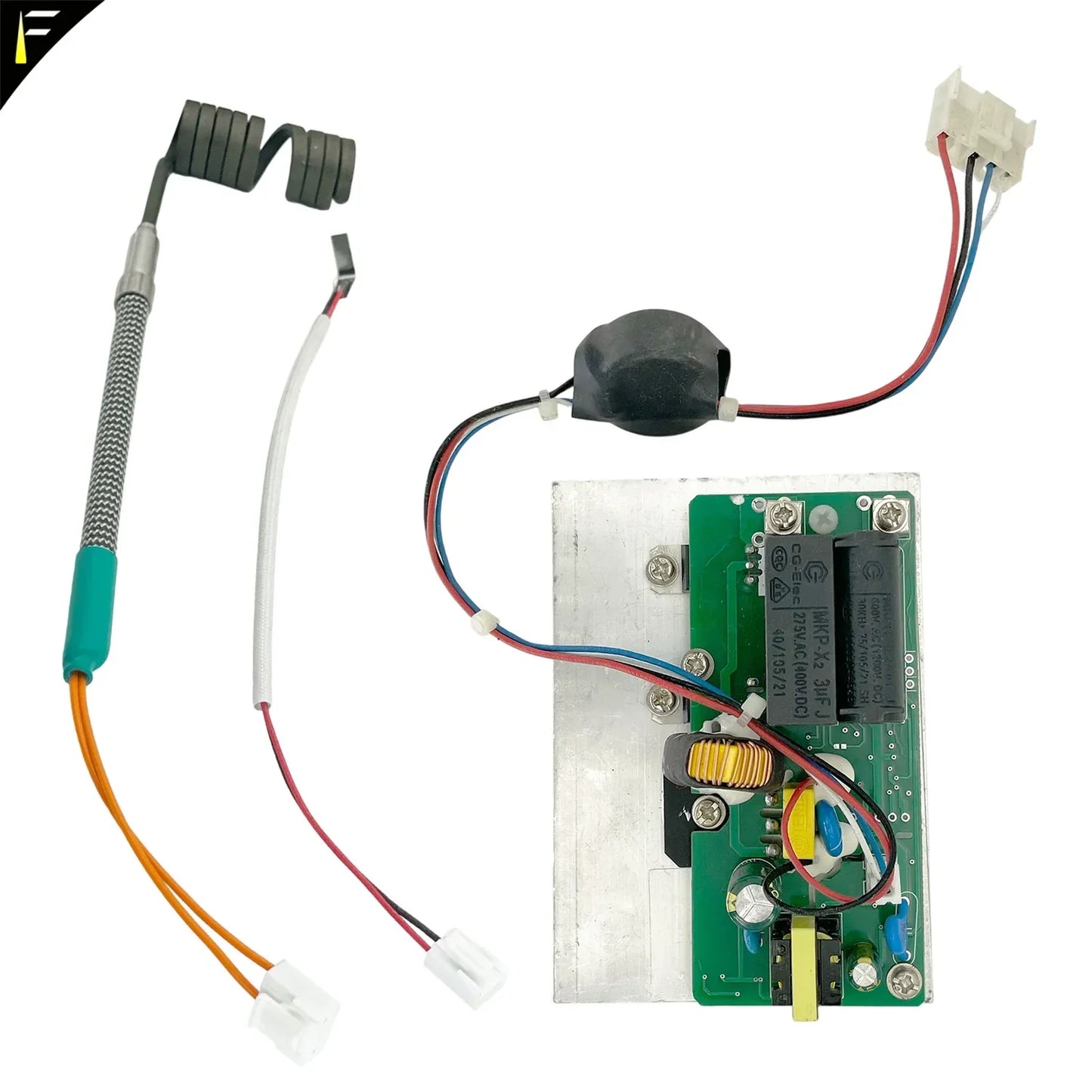 Green circuit board with silver casing and black components featuring coiled parts heat coil for club dmx512 cold spark device fountain